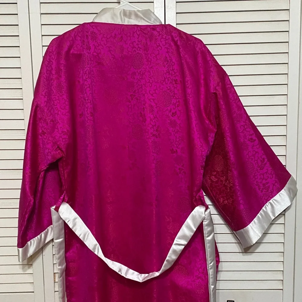 Fuchsia Satin Kimono Robe with White Trim